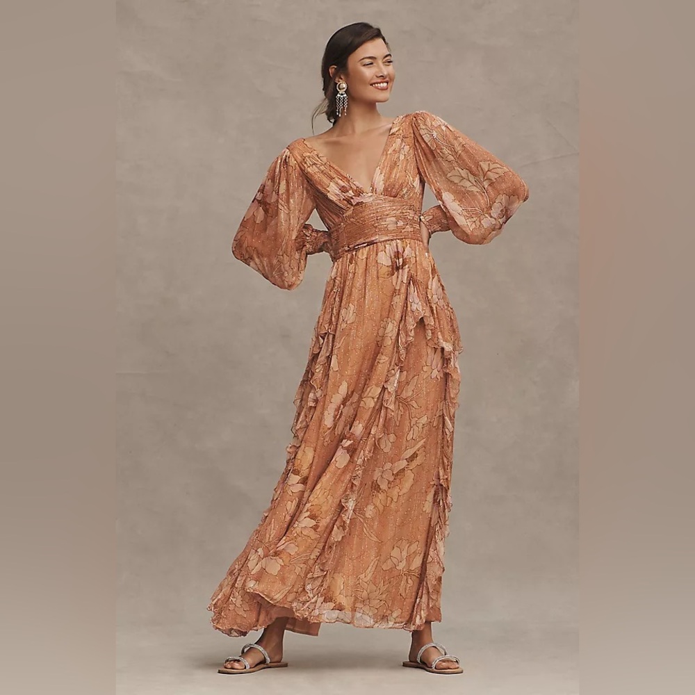 Anthropologie x BHLDN V-Neck Long-Sleeve Printed Chiffon Gown - Picture 1 of 7
